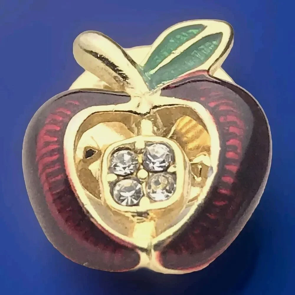 Teacher Apple Pin Brooch Gold Tone Enamel Jeweled Gift Idea Fashion Accessory